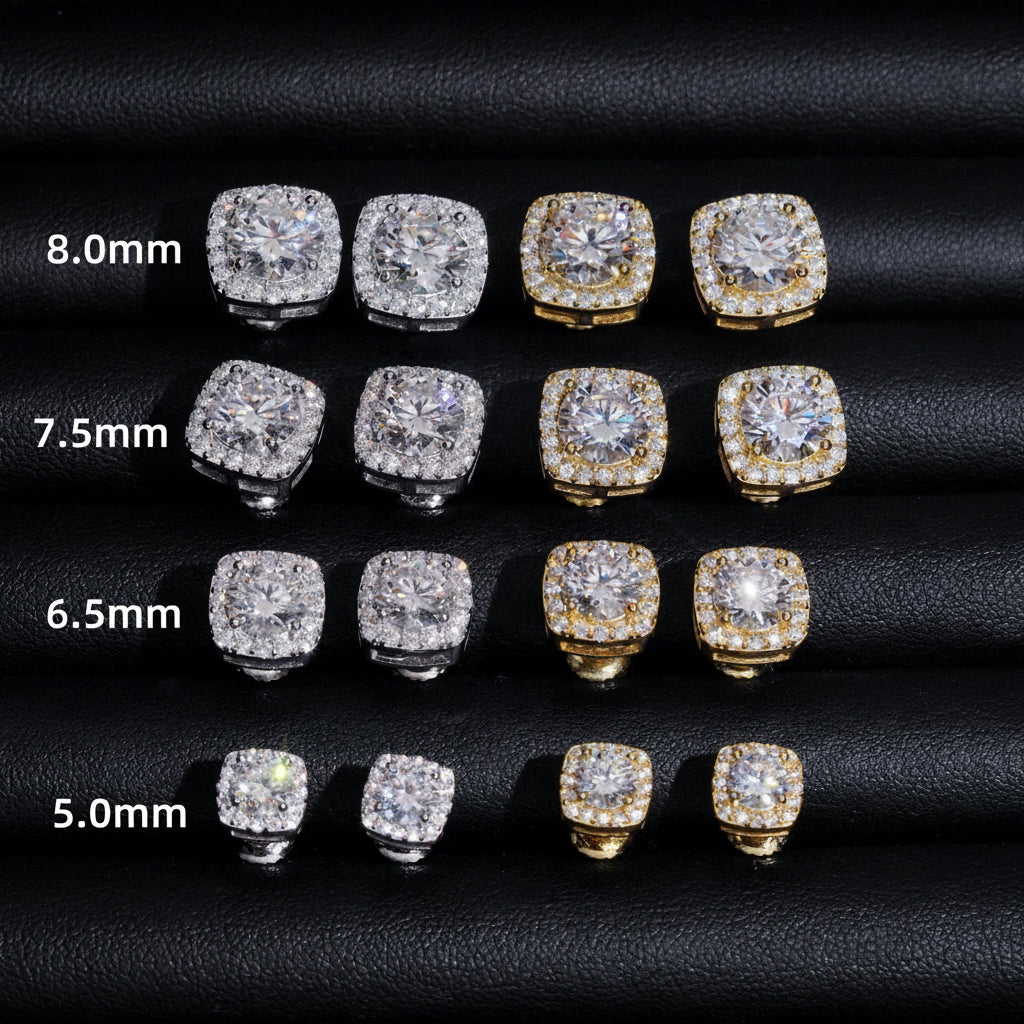 Pass Diamond Tester 925 Silver Screw Back Iced Out 1ct 2ct Hip Hop Halo Square Moissanite Stud Earrings - 1