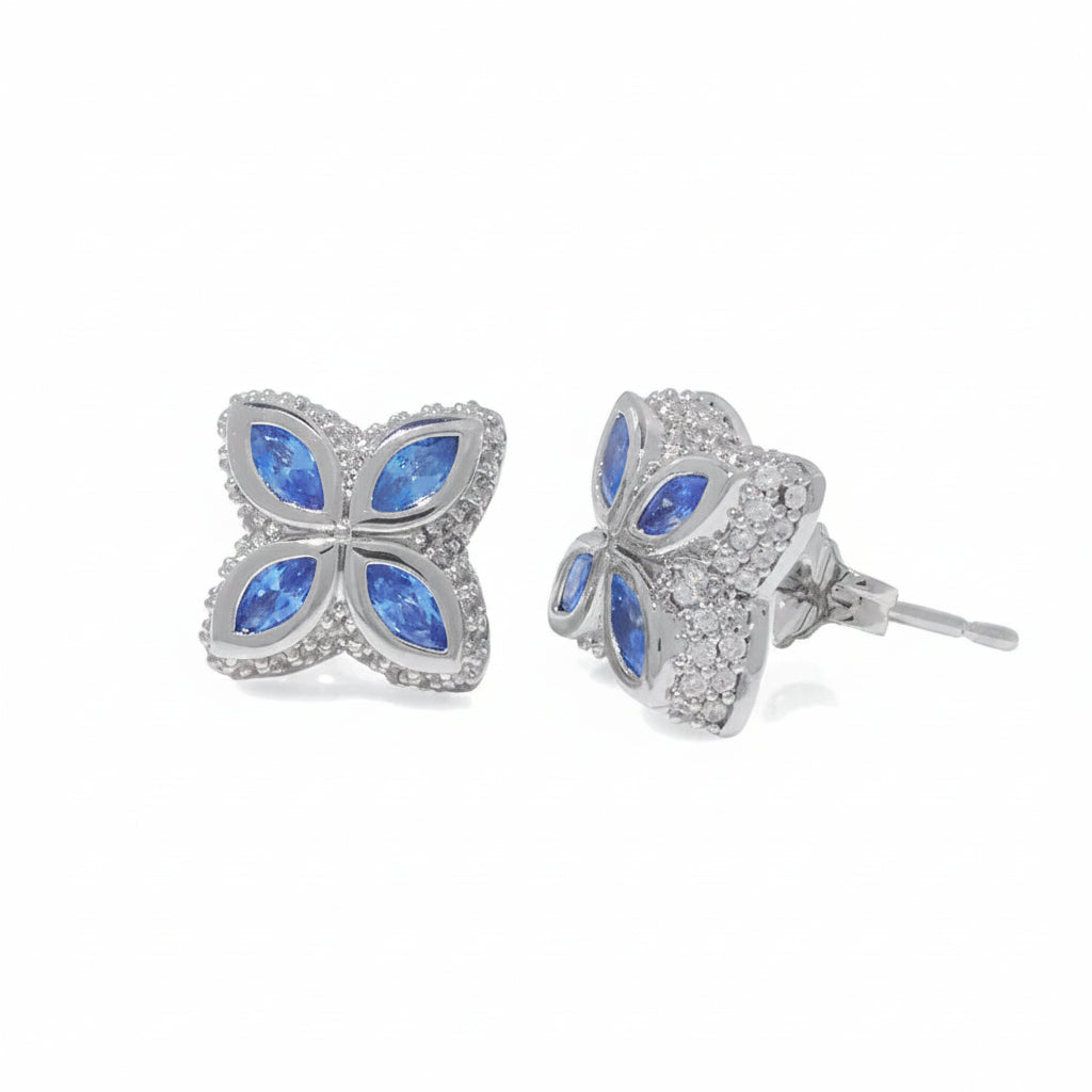 NUOYA Blue Four-Leaf Clover Earrings Women Hip Hop Jewelry Silver Plated Iced Out Zircon Customized Color Stud Earrings Gift - 3