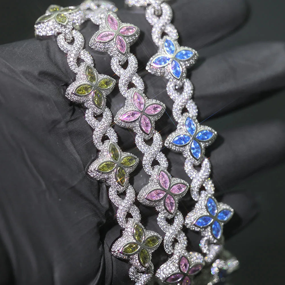 【8mm 四つ葉クローバー／シルバーCZ】アイスアウト フラワーチェーン ブレスレット - Four Leaf Clover - 6