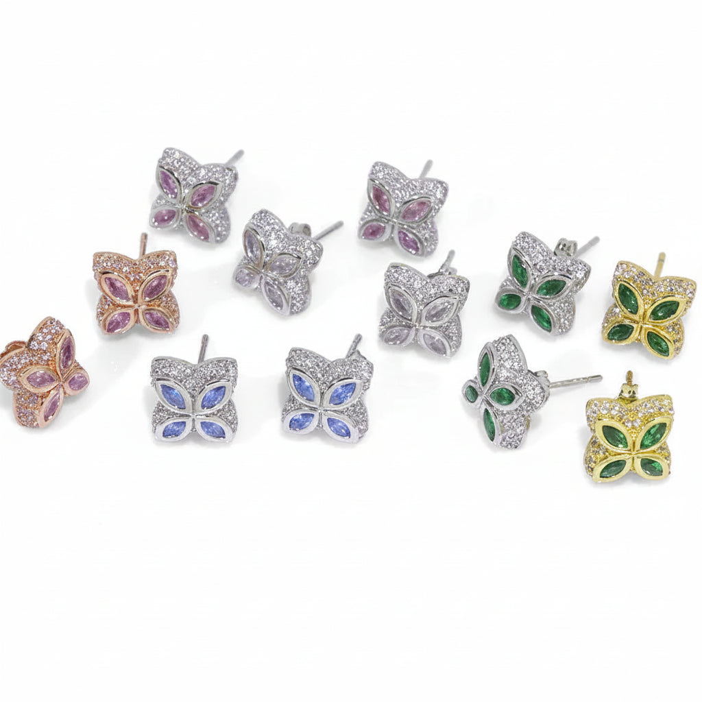 NUOYA Blue Four-Leaf Clover Earrings Women Hip Hop Jewelry Silver Plated Iced Out Zircon Customized Color Stud Earrings Gift - 2