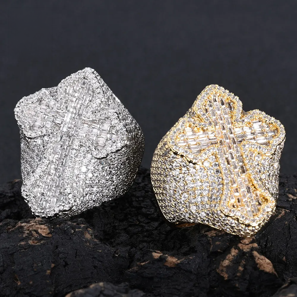 Baguette Zircon Cross Ring Micro Pave Hip Hop【White Gold / 18K Gold】