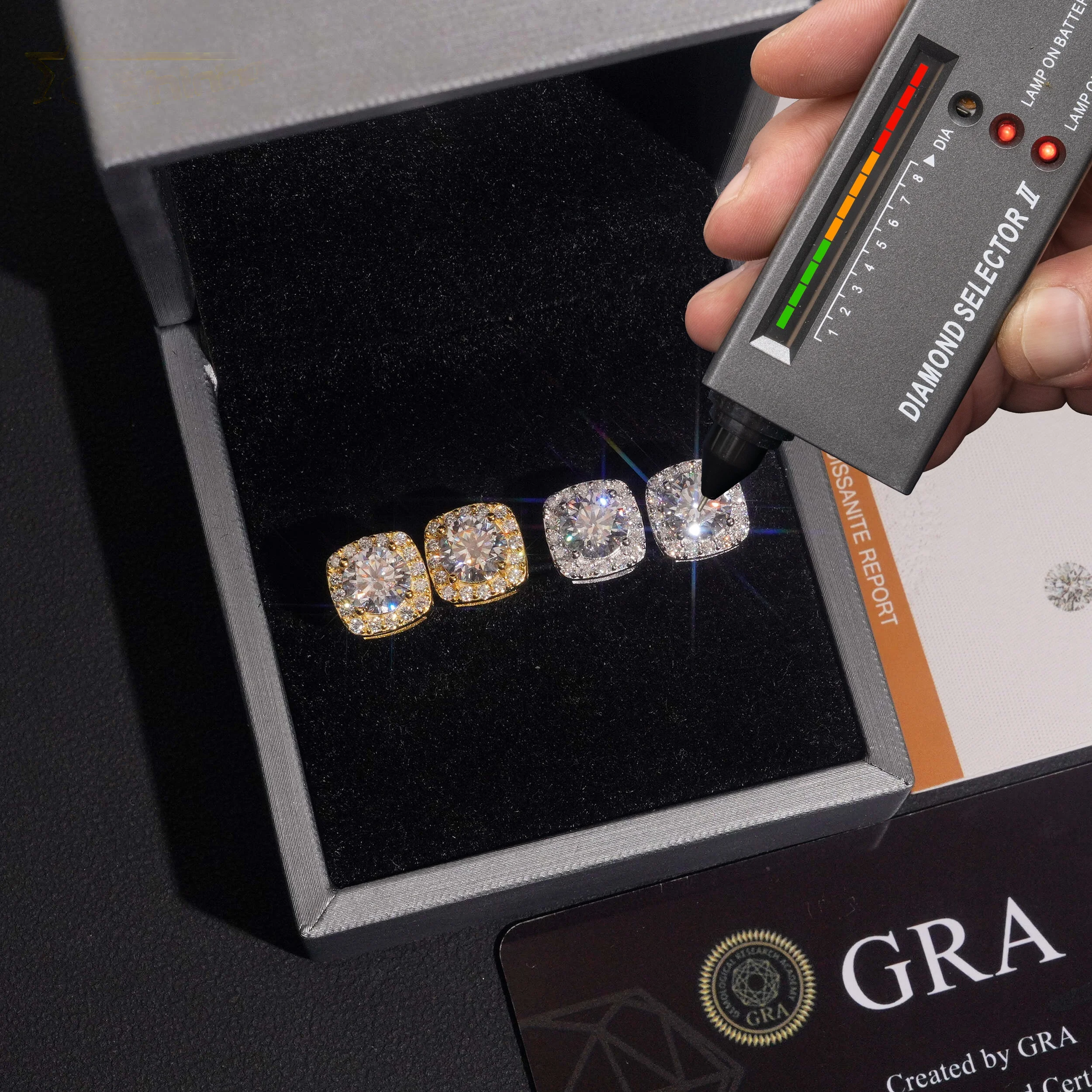 【1ct/2ct】GRA Moissanite Halo Square Stud Earrings 925 Silver Hip Hop
