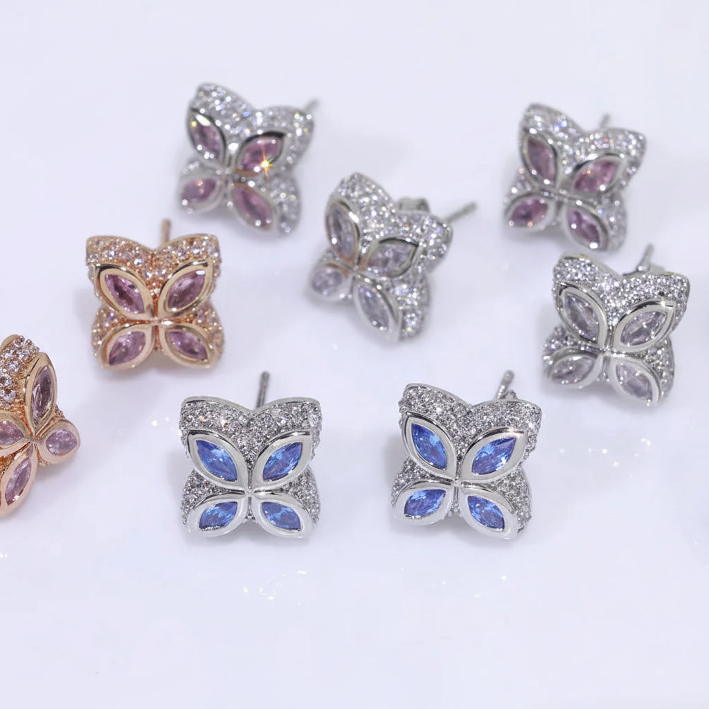 NUOYA Blue Four-Leaf Clover Earrings Women Hip Hop Jewelry Silver Plated Iced Out Zircon Customized Color Stud Earrings Gift - 1