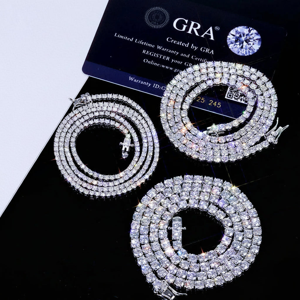 【VVS モアサナイト／925シルバー】テニスチェーンネックレス 2-6mm - Hip Hop Iced Out Diamond Tennis Chain - 1