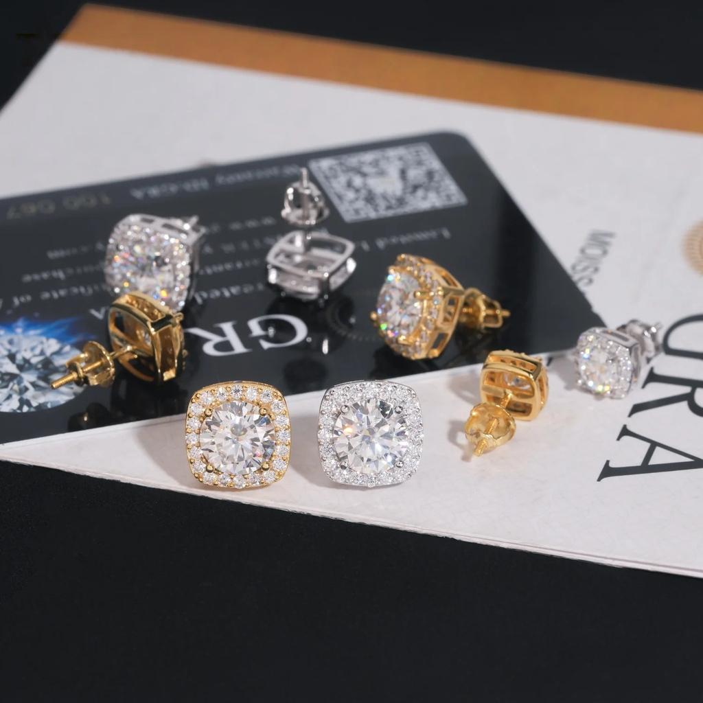 【1ct/2ct】GRA Moissanite Halo Square Stud Earrings 925 Silver Hip Hop