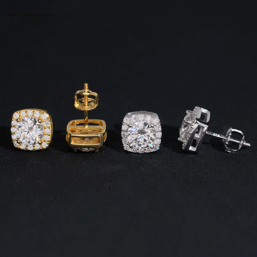 【1ct/2ct】GRA Moissanite Halo Square Stud Earrings 925 Silver Hip Hop