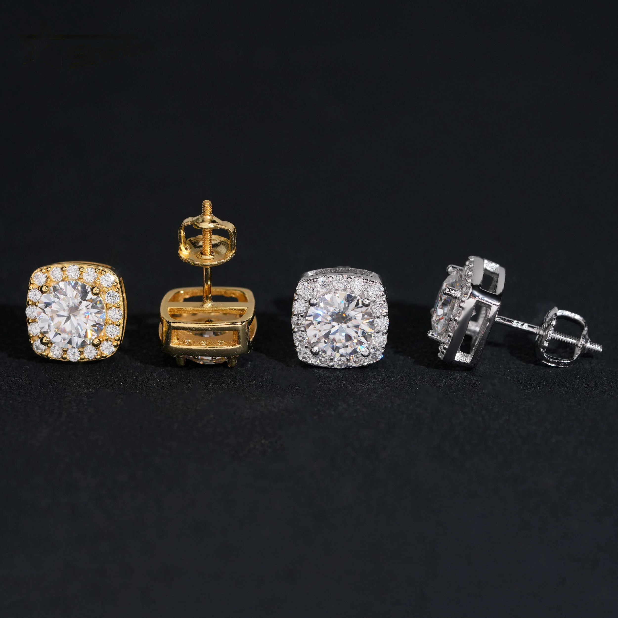 【1ct/2ct】GRA Moissanite Halo Square Stud Earrings 925 Silver Hip Hop