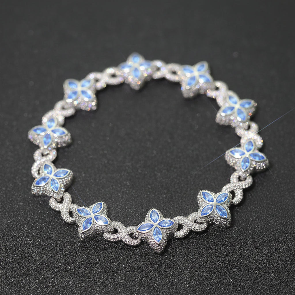 【8mm 四つ葉クローバー／シルバーCZ】アイスアウト フラワーチェーン ブレスレット - Four Leaf Clover - 2